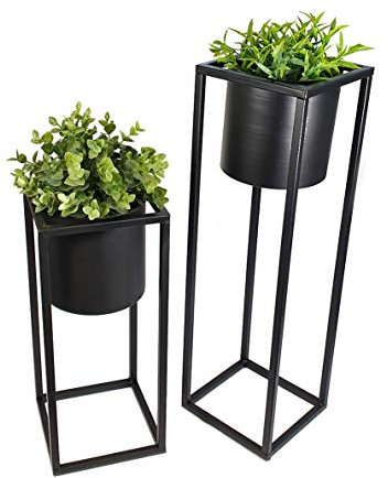 Spetebo Metall Blumentopfständer in schwarz 2er Set - Eckiger Ständer mit schwarzem, rundem Topf - 35 und 50 cm - Blumentopfhalter mit Topf - Planzenständer eckig