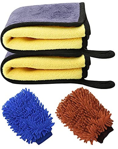 KODAA 2 Set Car Wash Mitt and Drying Towel, Microfiber Car Cleaning Cloths and Noodle Low Friction Washing Gloves Kit,Multicolor,30 x 40cm