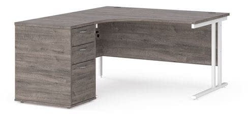 Office Monster Cooper left hand ergonomic desk 1400mm with white cantilever frame and desk high pedestal - grey oak