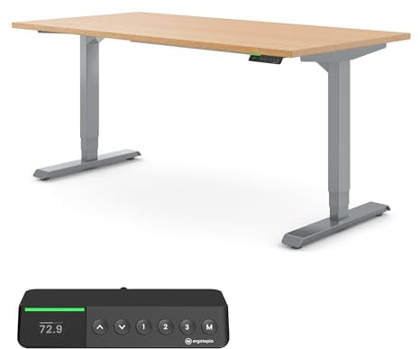 Ergotopia Desktopia Pro X Elektrisch höhenverstellbarer Schreibtisch, Ergonomischer Stehtisch für Büro oder Home Office (Buche Echtholz, Gestell Grau, 180 x 80 cm)