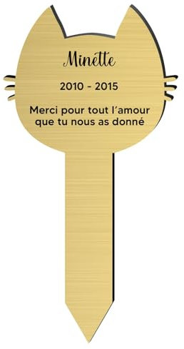 DECOHO - Plaque funéraire Personnalisable pour Animaux Silhouette Forme Tête de Chat Couleur Or brossé - Gravure Laser Durable - Argent