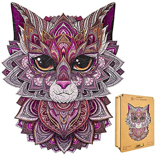 Lubiwood Verspielters Tierform-Holzpuzzle (21x15 cm) - Fördert Beobachtungsfähigkeiten und Zufriedenheit - kommt mit Holzgeschenkbox - Perfekt für Erwachsene (Neugierige Katze, Small (A5))