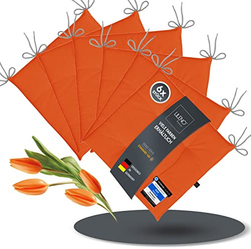 LILENO HOME 6er Set Stuhlkissen Orange (40x40x4,5 cm) - Sitzkissen für Gartenstuhl, Küche oder Esszimmerstuhl - UV-beständige Indoor u. Outdoor Stuhlauflage als Stuhl Kissen (Laura FUM)