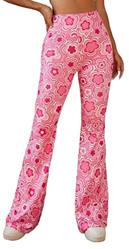 EVELUST 70er Jahre Schlaghose Für Damen – Boho 60er Hose Hippie Blumen High Waist Outfit Disco Kostüm Yogahose Leggings