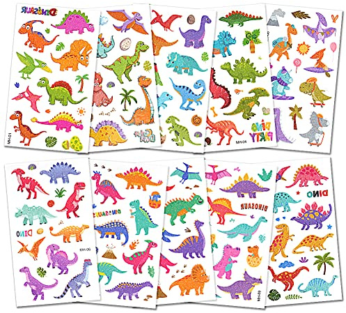AOOWU Glitzer Tattoo Set Kinder, 10 Blätter Dinosaurier Glitzertattoos Mädchen, Wasserdichte Kinder Tattoo Aufkleber Junge, Temporäre Kindertattoos für Party Deko Geschenke Mitgebsel Kindergeburtstag
