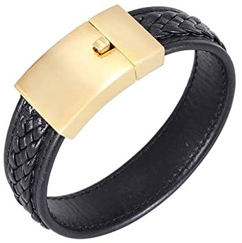 Stfery Männer Armband Elegant, Armreif Leder Herren Edelstahl Gold Chunky Weben 22.5CM 20MM Bracelet Modeschmuck Geschenke