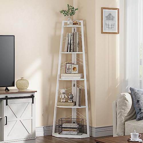 YITAHOME 5-stöckiges Eck-Bücherregal, industrielles Eck-Bücherregal, modernes Bodenstehend Eck-Bücherregal, Leiter-Bücherregal, offenes Holzregal für Wohnzimmer, Diele, Home Office, Reines Weiß