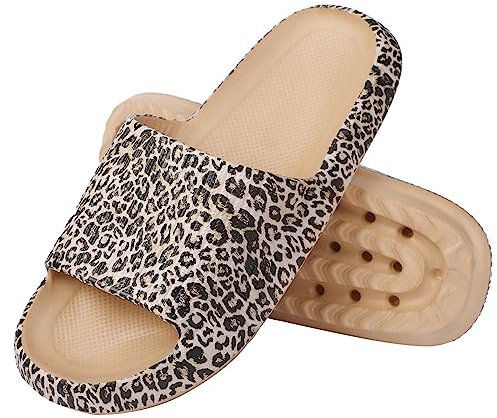 Solutra Badeschlappen Damen Herren Sommer, Rutschfeste Badelatschen Damen Cozy Slides, Wolkenschuhe Damen Weich Dicke Schlappen, Cosify Airfoot Hausschuhe für Innen und AußEn(40/41 EU,Leopardenmuster)