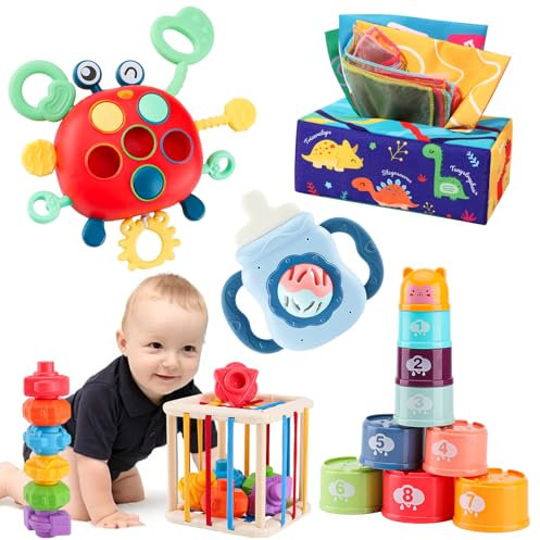 Baby Spielzeug für 6 12 18 Monate Montessori Spielzeug Sensorisches Baby Spielzeug Stapelspielzeug Blöcken Formsortier Würfel Krabbe Spielzeug Baby-Taschentuchbox Spielzeug Beißring Spielzeug