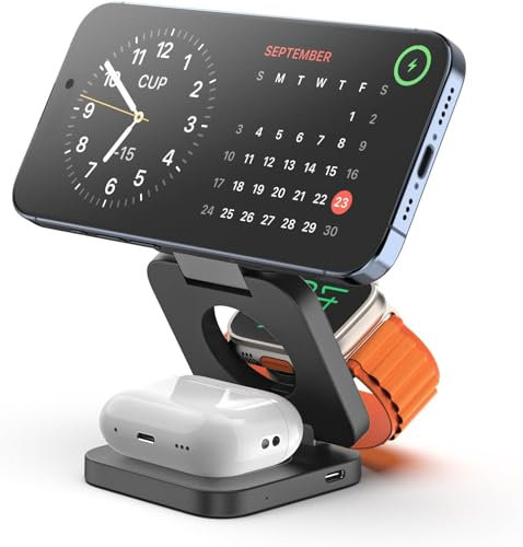 KU XIU X55 Ladegerät 3 in 1 Faltbar Ladestation für iPhone 16/15/14/13/12 Pro/Plus/Pro Max/Mini, 5W schneller Ladeständer für Apple Watch 9/8/7/6/5/4/3/2/SE, für AirPods3/2/Pro mit Adapter