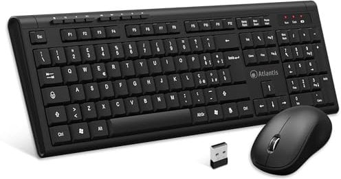 ATLANTIS Combo Kit Tastiera e Mouse Wireless senza fili, Multimediale, Layout Italiano QWERTY, 9 Tasti di scelta rapida, per PC/Laptop/Notebook, ricevitore USB unico, cod. P013-AX280G+M, Nero.