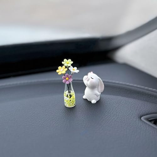 Set mit 2 niedlichen Mini-Häschen und Gänseblümchen, Blumenvase, Auto-Rückspiegel-Ornamente, lustige Armaturenbrett-Dekorationen, Kawaii, Auto-Innenzubehör, für Frauen, Geschenke