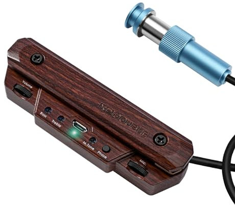 Micro de guitare acoustique rechargeable actif pour guitare acoustique - Micro réglable pour guitare - Bobine magnétique - Contrôle du volume intégré - Microphone acoustique (grain de bois)