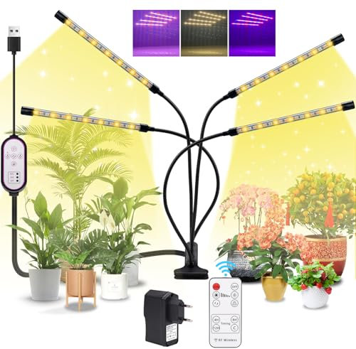 BOOTEEK Luz de Crecimiento de Espectro Completo Lámpara de Cultivo con Temporizador 4/8/12 Horas, 6500k/3000k/660nm Luces para Plantas de Interior con 10 Niveles de Atenuación Cultivo en Invernadero