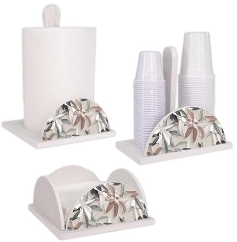 Lupia - Set 3 Pezzi Cucina in Legno White LEAVES MIX: Porta Tovaglioli, Porta Bicchieri, Porta Rotolo, Decorazione Elegante, Adatto a Stili Moderni e Classici, stile foglie grigie Legno bianco
