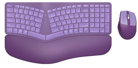 Ergonomic Wireless Keyboard Mouse Combo, EDJO Bluetooth/2.4G Dual Channel, Split Design, Soft Foam Palm Rest, 4 Level DPI Adjustable Wireless Mouse, Rechargeable, for Windows/Mac/Android(Purple)