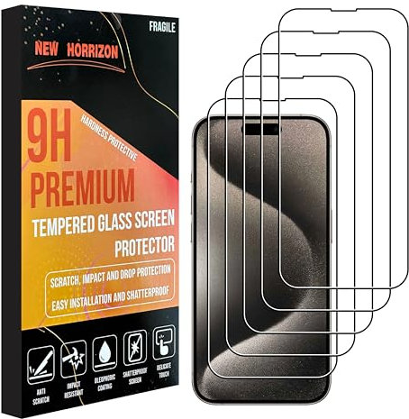 New Horrizon [5-Pack Screen Protector for iPhone 15 Pro Max & iPhone 15 Plus (6.7-Inch) [LifetimeSupport] Mobile Tempered Glass Screen Protector, [Impact-Protection][Anti-Shatter][Anti-Scratch]
