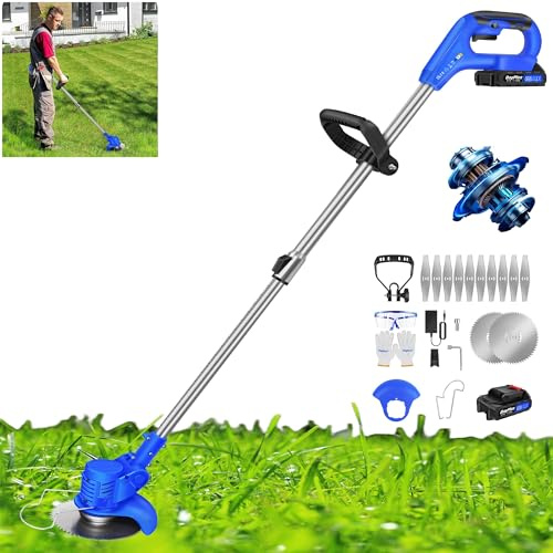 DayPlus Akku-Grasschere ohne Kabel, 300W leichte Gartenschere, elektrischer Teleskop-Busch-/Grasschneider, Rasenkantenschneider mit 1,5Ah Akku, Verstellbarer Schneidkopf, 10000RPM Motor