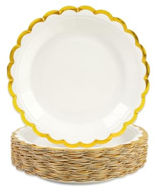 50 pièces Assiette Jetable Festonnées 18cm, Blanc Assiettes en Carton Vaisselle Jetable Anniversaire pour Barbecue Anniversaire Fête Douche de bébé Mariages (Or Blanc, 18cm)