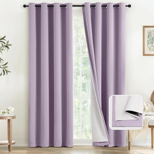 COSVIYA Lilac 100% Blackout Curtains for Bedroom with White Back, 2 Thick Layers Full Room Darkening Grommet Insulated Thermal Window Drapes 52x84 Inch, 2 Panels