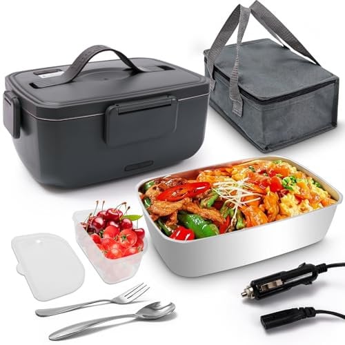 Azyvum Contenitore per il pranzo elettrico, 2 l, 80 W, 12 V/24 V/220 V, portatile, riscaldabile, con custodia, in acciaio inox, forchetta e cucchiaio per auto, camion, ufficio, casa