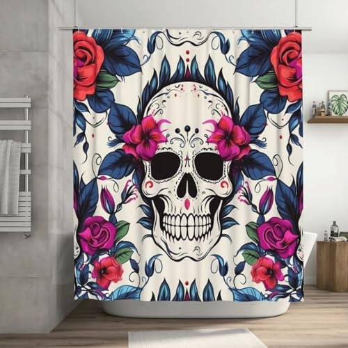 Mexpekil Rideau de douche imperméable en polyester avec 12 crochets en plastique Motif tête de mort et fleurs 183 x 183 cm