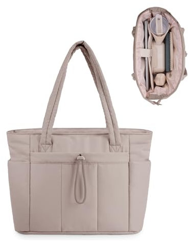 Wandering Nature Puffer Tote Bag with Cup Holder & Laptop Compartment & Trolley Sleeve for Travel, Work, Nurse, Women, Beige, L