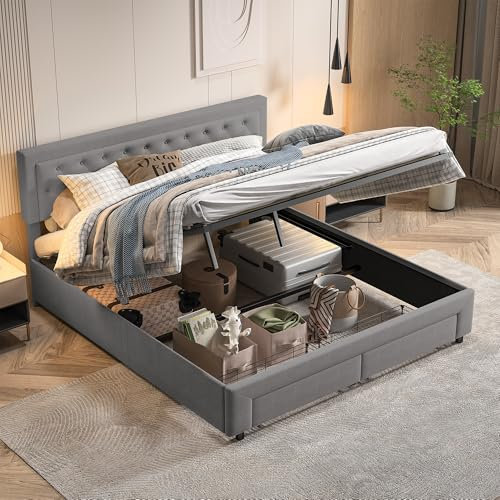 PerGar Boxspringbett Polsterbett 180x200 cm, mit Hydraulisches Bettkasten und 2 Schubladen, Doppelbett Stauraumbett Rückenlehne mit Lattenrost und Kopfteil, Samtstoff, Grau,Ohne Matratze