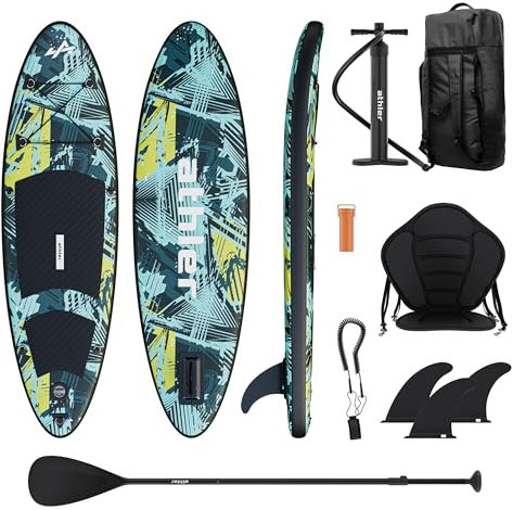 Athler Splash 50 | Aufblasbares Jugend-SUP Stand Up Paddle Board mit Sitz & Zubehör | Kajakfunktion | Komplettset mit Rucksack, Paddel, Pumpe, Leash, Finnen