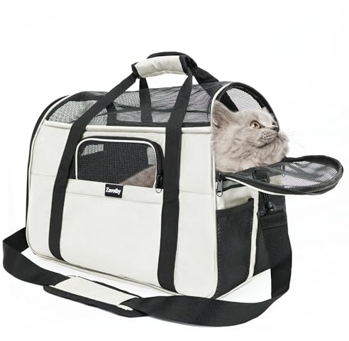Zavothy Sac Transport Chat Chien, Sac Transport Respirant et Pliable, Caisse de Transport Chat avec Bandoulière Réglable, Matelas en Peluche Amovible (Beige, Medium)