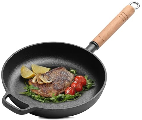 BOYIFEIJIE Gusseisenpfanne, Unbeschichtete Eisenpfanne, Pfanne Gusseisen aus Hochreinem Eisen mit Massivholz-Griff, natürliche Antihaftwirkung, Bratpfanne für alle Herdarten inkl. Induktion (27cm)
