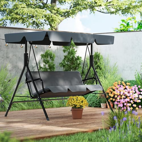 Aufun Hollywoodschaukel 3-Sitzer mit Sonnendach, 176x110x152cm, Anthrazit | Gartenschaukel Familienzeit mit Leichtigkeit, Gartenschaukel mit Gestell & Gepolsterte Sitzauflage, Belastbar bis 200 kg