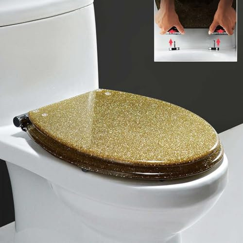 Dazzluxe Sparkly Resin Toilet Seat Elongated, Quiet Slow Close Toilet Seats with Adjustable Hinge, Quick Release for Easy Clean, Glitter Bathroom Toilet Lid,Gold