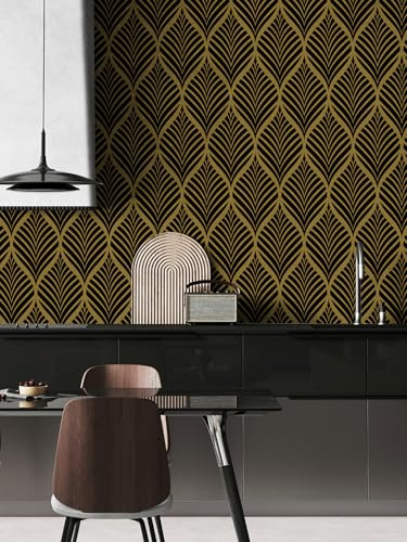 ICYEHAO Black and Gold Geometric Wallpaper, 44.5 x 1000 cm Vinyl Wallpaper Geometric Gold Striped Wall Paper Boho Self Adhesive Furniture Wrap for Living Room,Bathroom,Drawer,Cabinets,Kitchen