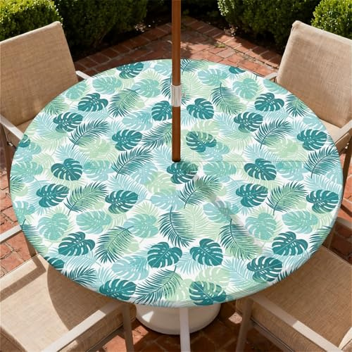 ARTSGOO Round Outdoor Tablecloth with Parasol Hole 90cm/36in, Palm Leaves Wipeable Waterproof Elastic Edge Fitted Table Cover for Patio, Garden & Terrace Dining – Durable Non-Woven Fabric
