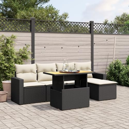 Tonture 6-TLG. Garten-Sofagarnitur Schwarz, Polyrattan, Verstellbarer Tisch, UV-beständig, modulare Outdoor-Sitzgruppe mit cremeweißen Kissen für Terrasse, Balkon