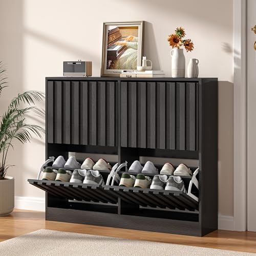 UEV Wide Shoe Cabinet with 4 Flip Drawers – Narrow Shoe Storage Unit for Entryway or Hallway, Modern Wood Slat Doors with Ventilated Design, Holds 16 Pairs, Black