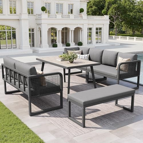 UATARU Garden Lounge Seating Set with Table, Corner Sofa, Bench, Weatherproof Outdoor Furniture Dining Set 6-8 People (Grey)
