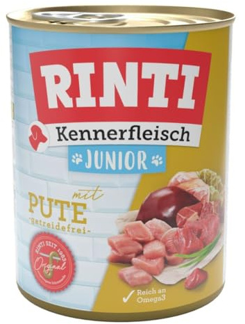 RINTI - Kennerfleisch Junior | Nassfutter mit 70% Fleisch für Hunde im Wachstum. Getreidefreies Alleinfutter in der Dose ohne Soja, Farb- und Konservierungsstoffe | 12x800g Pute