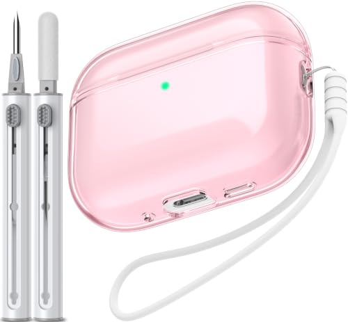 EQD für AirPods Pro 2 Hülle Transparent, mit Reinigungskit, Rosa | Shockproof TPU Transparent Cover für AirPods Pro1 und Pro2 Generation, kompatibel mit Drahtloser Aufladung