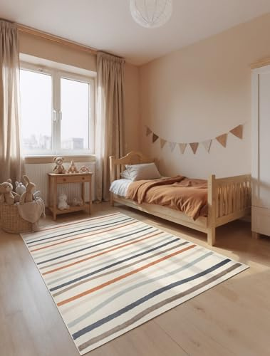 Hanse Home Adventures Kinderteppich Linnea - Kinderzimmerteppich Streifen, Bunt, Linien Motiv, Spielteppich, Junge, Mädchen, Teppich Kinderzimmer, Wohnzimmer - Creme Mulitfarben, 160x235 cm