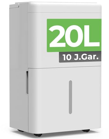 Luftentfeuchter elektrisch 20 L, Entfeuchter elektrisch, Luftentfeuchter Keller für Räume bis zu 150 m³/50 m², Raumentfeuchter elektrisch 39 dB mit Ablaufschlauch, Filter, Timer, 10 J. Gar.