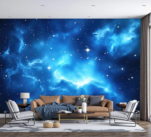 SMBHIAON Papier Peint Panoramique Univers Onirique 3D Soie,150×105 Cm Papier Peint Étoiles Des Nébuleuses Bleues - Grandes Murales Poster Pour Salon, Étude Décoration,Bleu