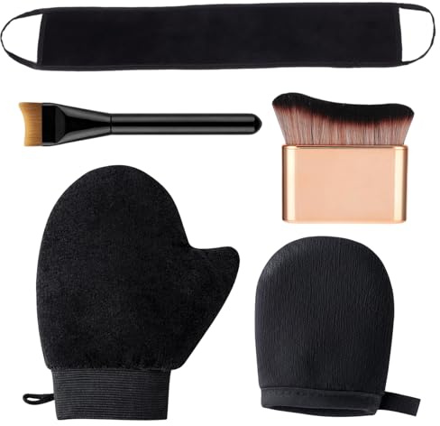Selbstbräuner Handschuh Set, 5-teiliges Selbstbräuner Set Mit Rose Gold Pinsel, Kleinem Foundation Pinsel, Zwei Handschuhen Und Eincremehilfe Für Rücken, Self Tan Anwendung Für Gleichmäßige Bräune