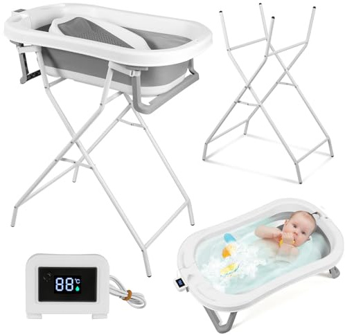 ISOISL Baby Badewanne,Babywanne mit Gestell,Babybadewanne faltbar mit Thermometer,freistehende Badewanne für Babys 0–3 Jahre,platzsparend,ergonomisch,80 cm,Grau/Weiß