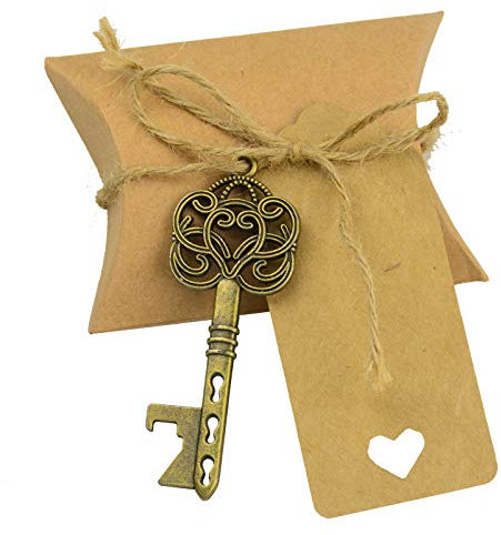 50 pcs Faveur De Mariage Cadeau Souvenir Ensemble Oreiller Boîte De Bonbons Vintage Squelette Clé Ouvre Bouteille Merci Étiquette Français 98 Pieds Ficelle de Jute (Antique Bronze)