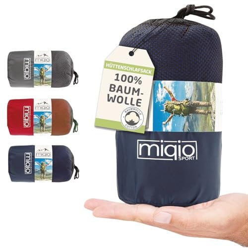 MIQIO® 2in1 Baumwoll-Hüttenschlafsack mit durchgängigem Reißverschluss (Koppelbar): Leichter Komfort Reiseschlafsack und XL Reisedecke in Einem - Sommer Schlafsack Innenschlafsack (Blau,Links)