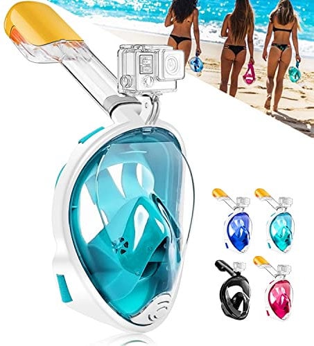 HINATAA Máscara de Buceo, 180°Panorámica Máscara de Snorkel de Cara, Anti-vaho Anti-Fuga,con Tapones con Tapones para los oídos Impermeables,GoPro Mount Easy Breathe para Adultos,Niños (Verde, S/M)