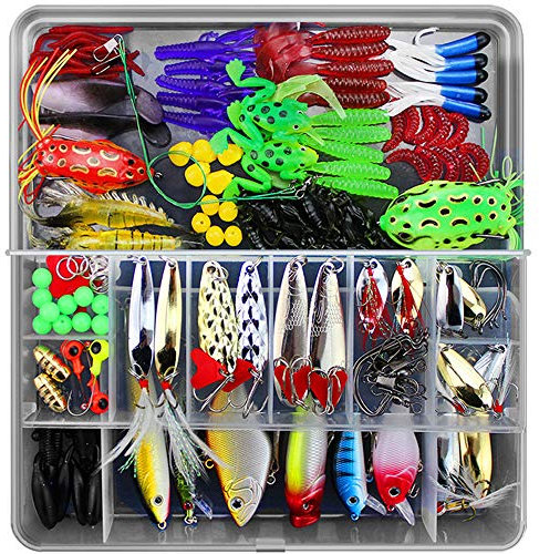 Lurowo Leurres de pêche et Cuillers ,Plastique vers,Minnow,Popper,Leurres Grenouille, artificielles pêche leurre Kit d'appâts de Pêche Portable avec Boîte (141pcs)