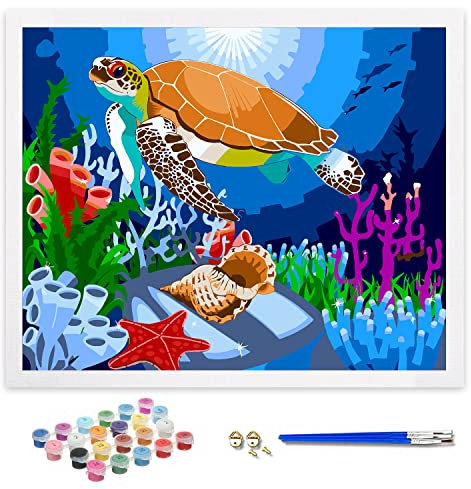 ifymei Paint by Numbers for Adults, Children, Beginners, DIY Gift Arts Kits with Brushes and Acrylic Pigment, 16x20 Inch Colorful Sea Turtle [Without Frame]